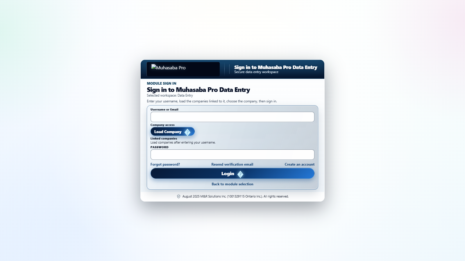 Muhasaba Pro Data Entry sign-in workspace