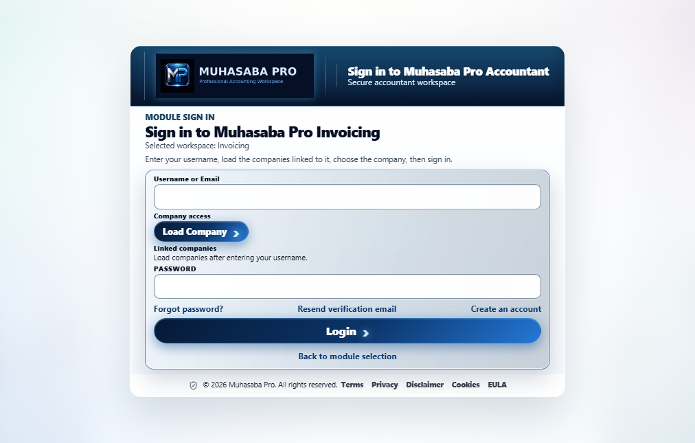 Muhasaba Pro Invoicing sign-in workspace