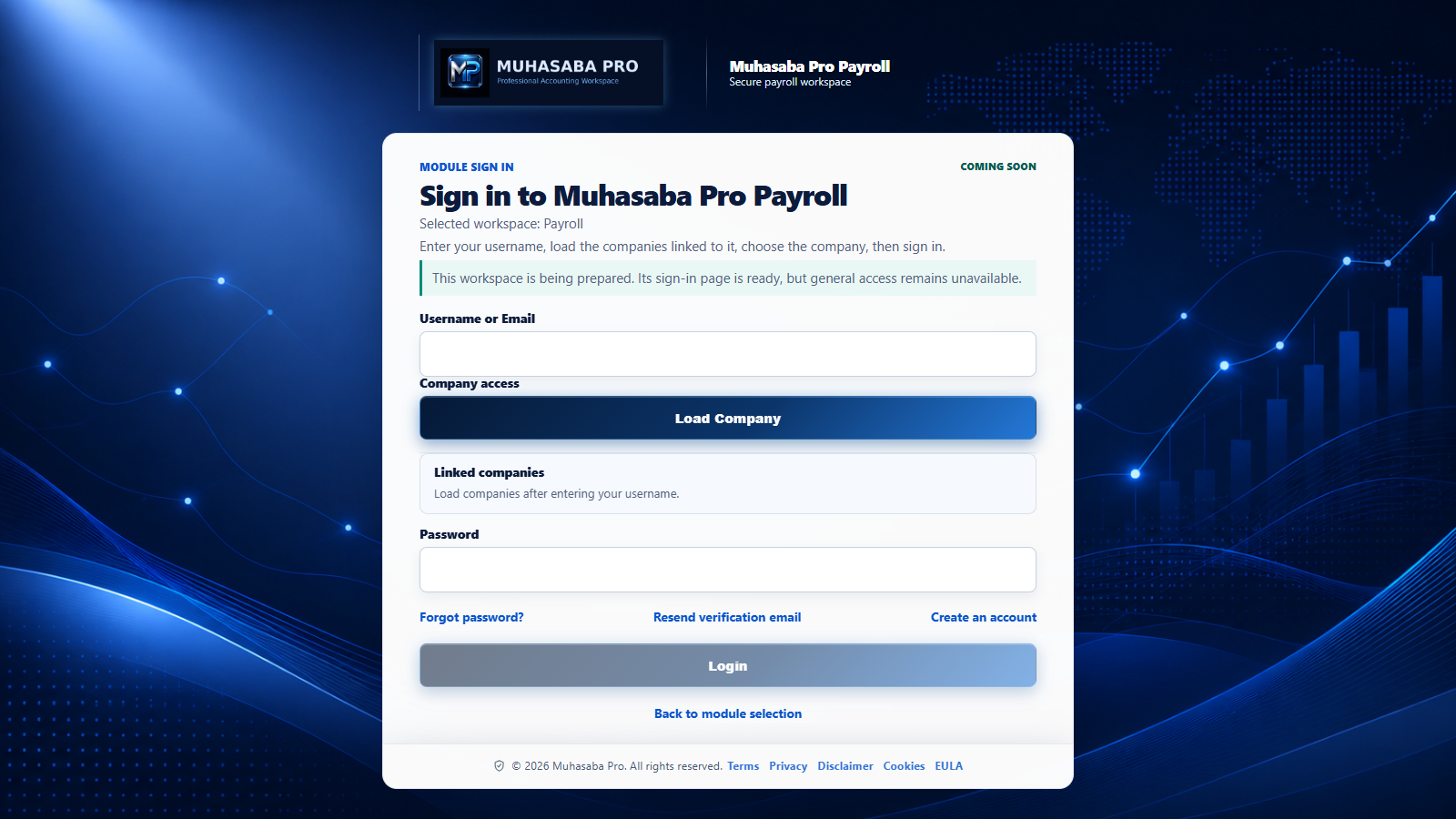 Muhasaba Pro Payroll sign-in workspace